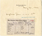 Receipt, West Tennessee State Normal School, 1923