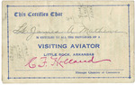 Certification, Visiting Aviator, Lt. James A. Matthews, Little Rock, Arkansas, 1926